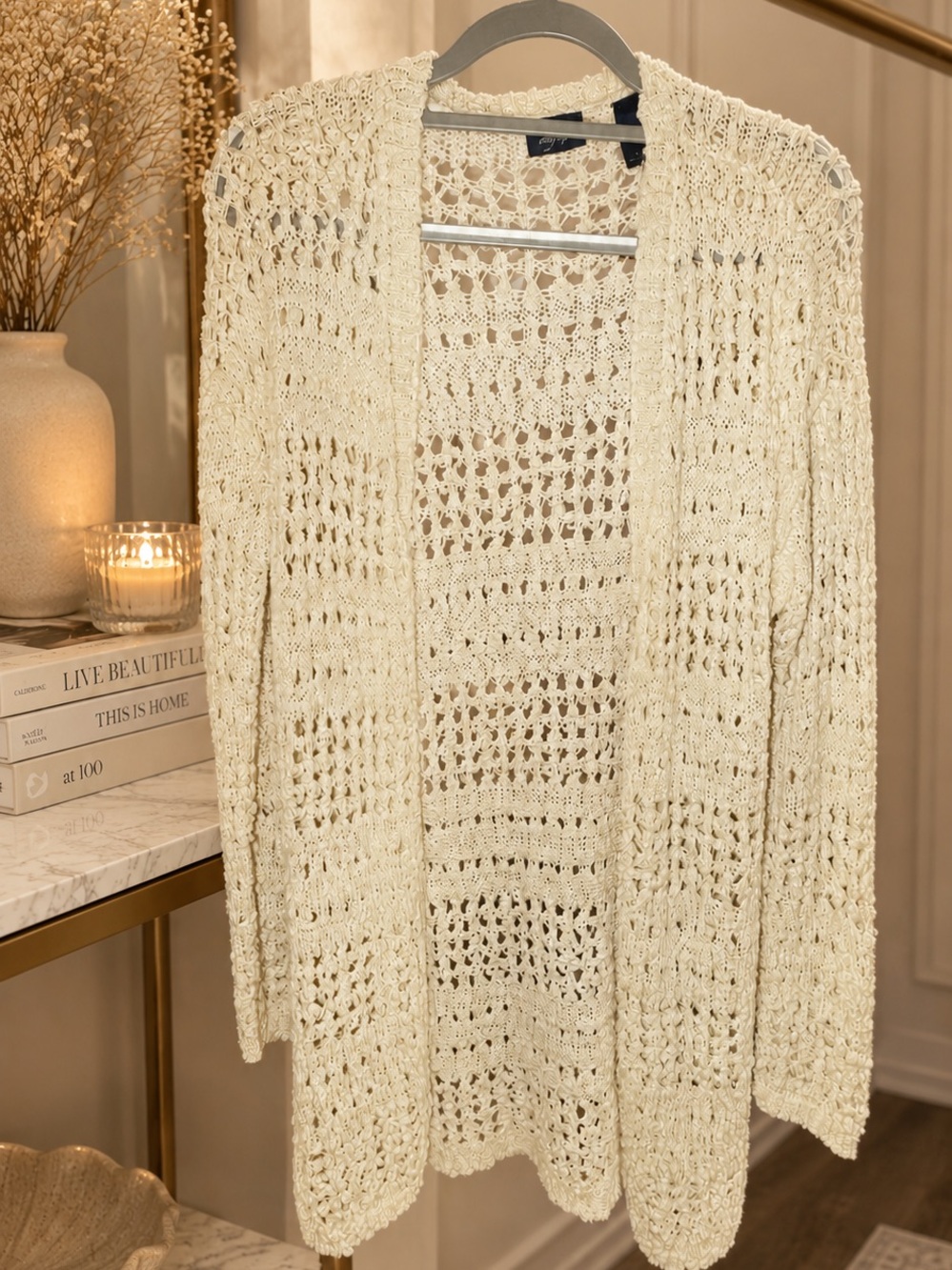 Open-Weave Cream Crochet Cardigan Sweater
